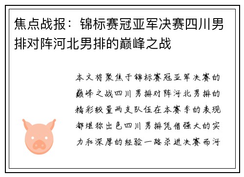焦点战报：锦标赛冠亚军决赛四川男排对阵河北男排的巅峰之战