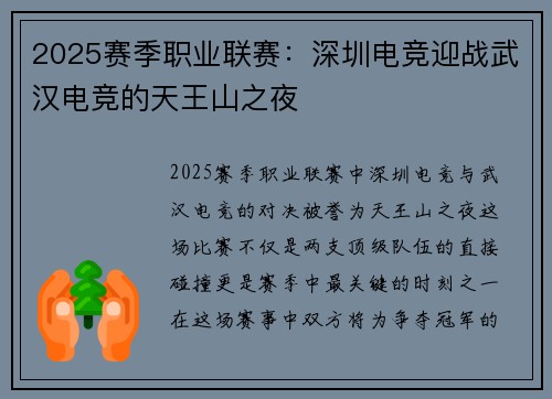 2025赛季职业联赛：深圳电竞迎战武汉电竞的天王山之夜